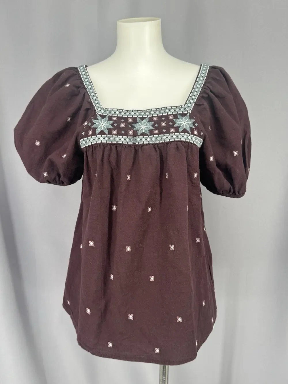Madewell Tops Womens XS Brown Embroidered Puff Sleeve Boho Cottagecore Peasant
